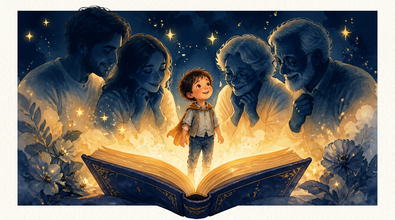Watercolour illustration of an open storybook with glowing golden pages, a child hero and loving family silhouettes