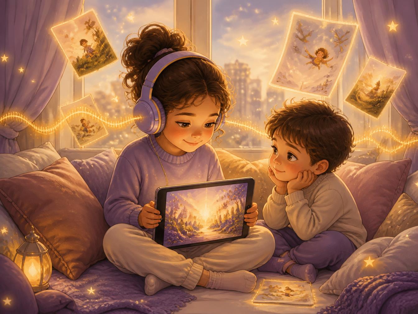 Two children listening to a narrated story on a tablet with headphones, with glowing story pages floating around them