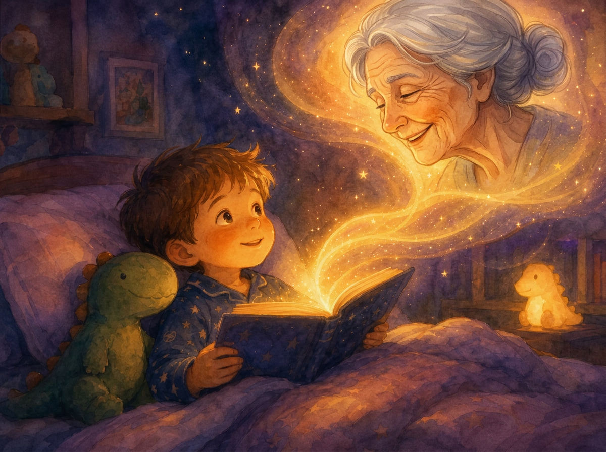 A grandparent recording a bedtime story while a child listens with headphones