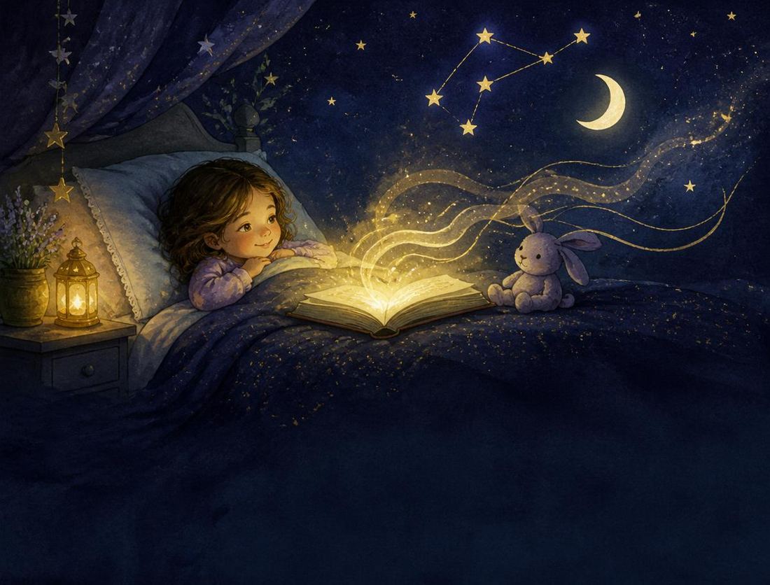 A child listening to a familiar family voice at bedtime
