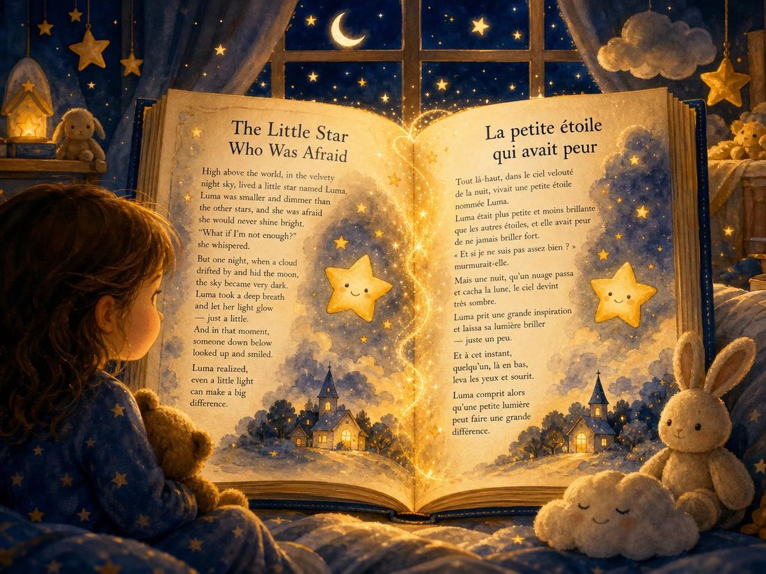 A child reading a storybook with the same scene written in two languages on facing pages