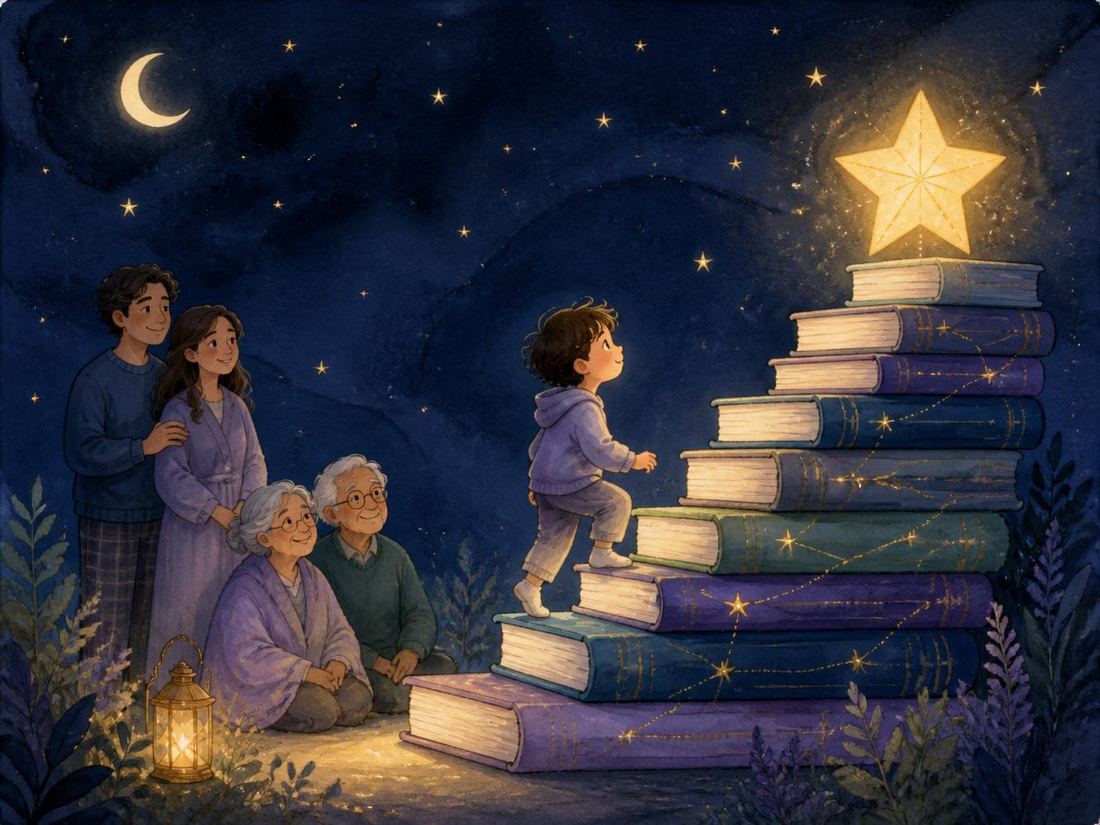 A child climbing a staircase of glowing books towards a golden star while family watches