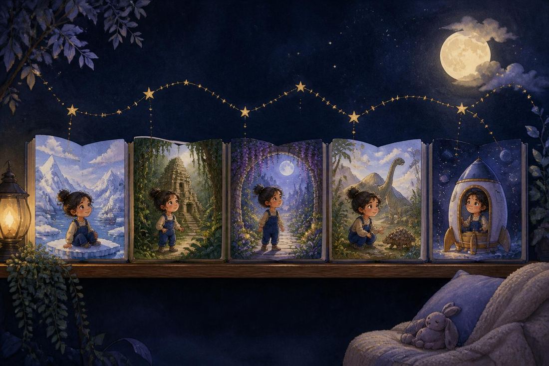 The same illustrated child appearing again and again across a shelf of open storybooks set in an arctic bay, a jungle temple, a moonlit garden, a dinosaur valley and a rocket