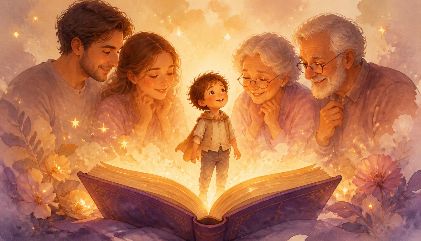 Watercolour illustration of an open storybook with glowing golden pages, a child hero and loving family silhouettes