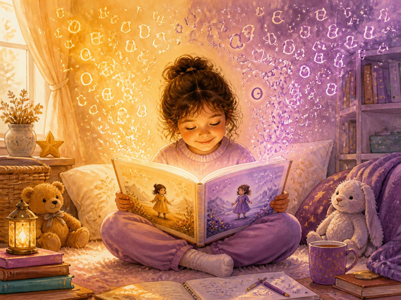 A child reading a storybook with the same scene written in two languages on facing pages