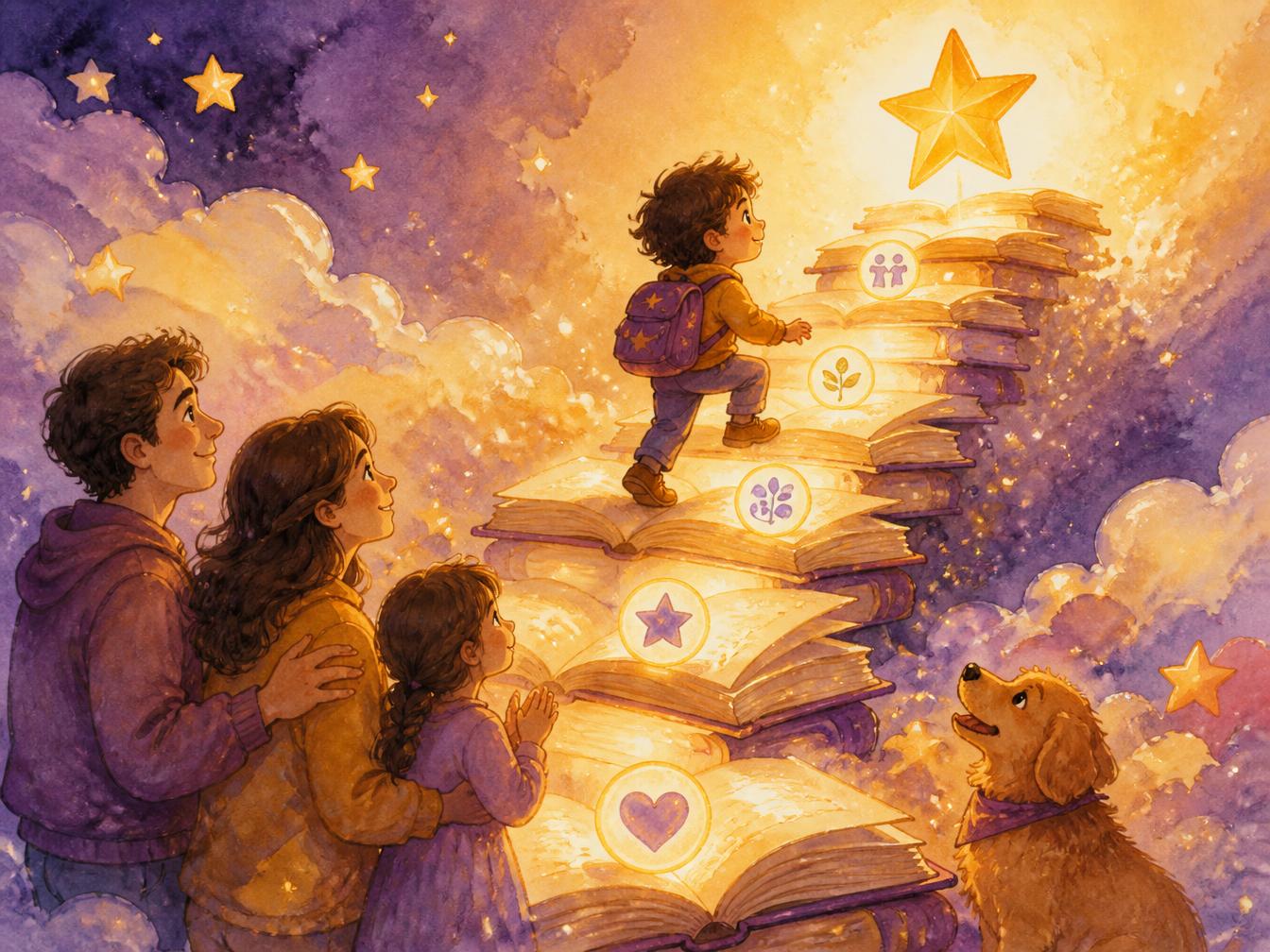 A child climbing a staircase of glowing books towards a golden star while family watches