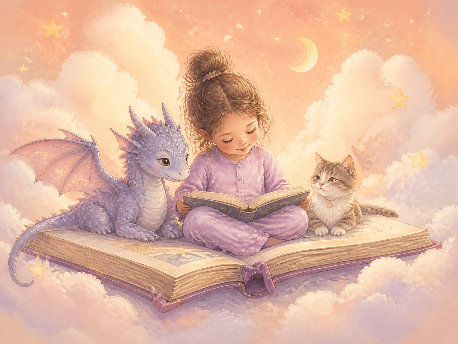 Child reading a magical storybook among the clouds