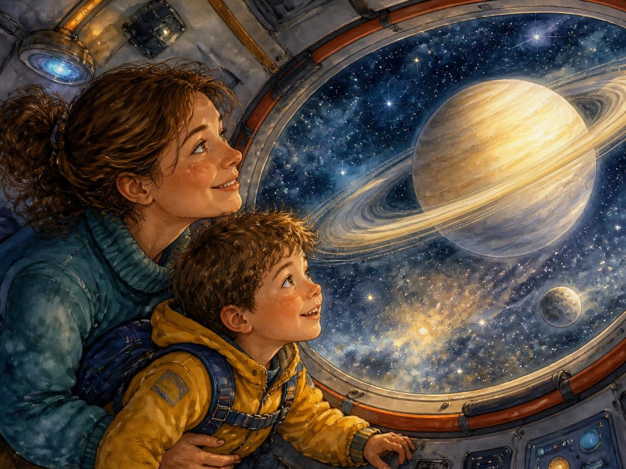 A mother and her son looking out of a spaceship window at a ringed planet