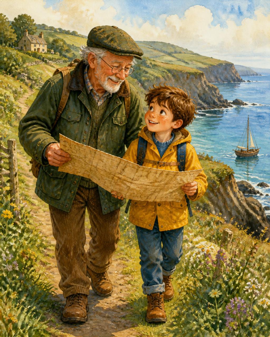 A young boy and his grandad following a treasure map along a coastal path