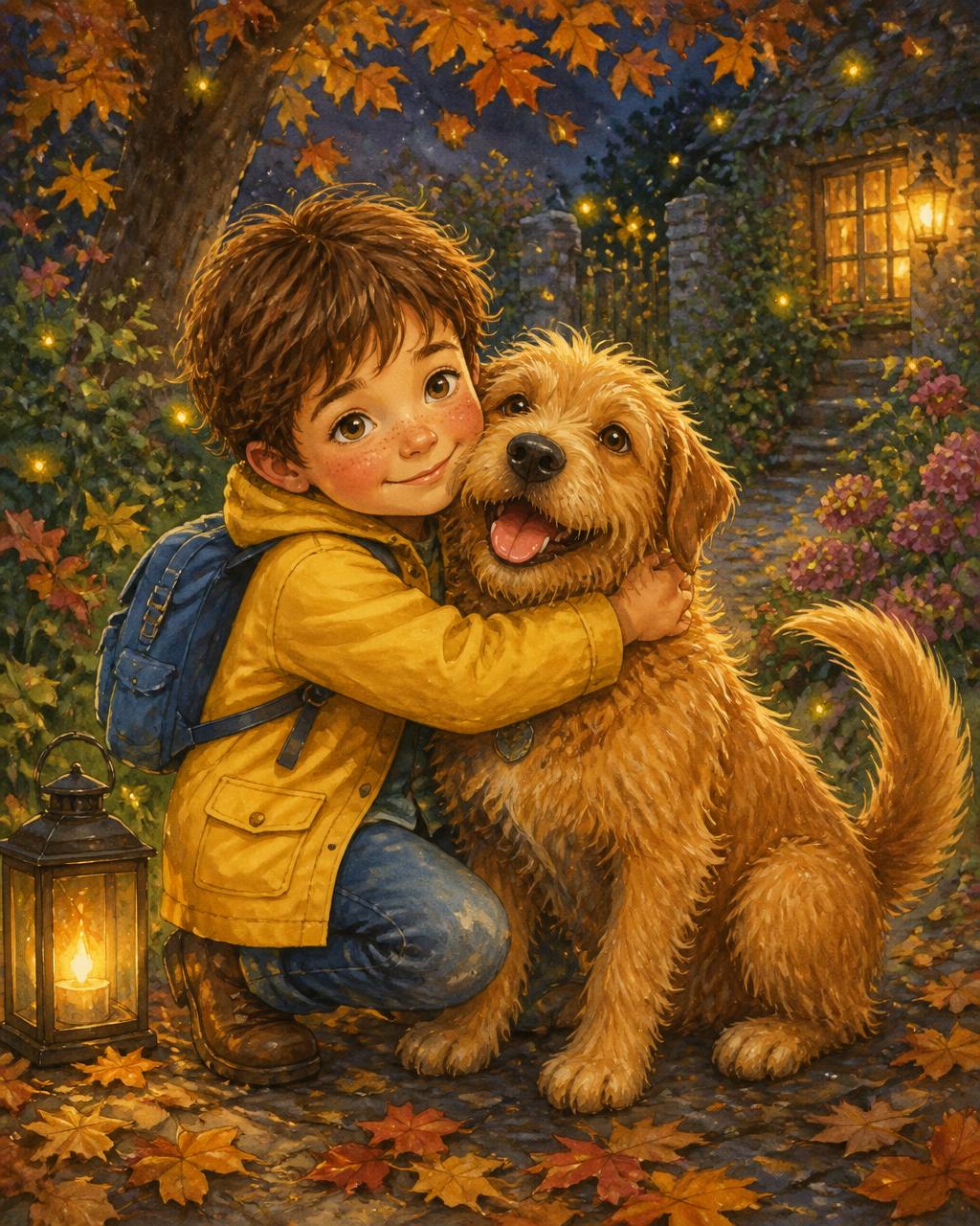 A young boy hugging his scruffy golden dog in a lantern-lit garden