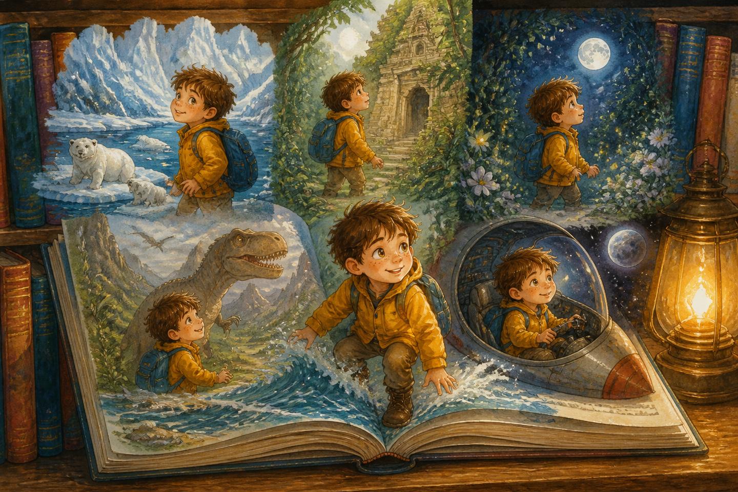 The same illustrated child appearing again and again across a shelf of open storybooks set in an arctic bay, a jungle temple, a moonlit garden, a dinosaur valley and a rocket