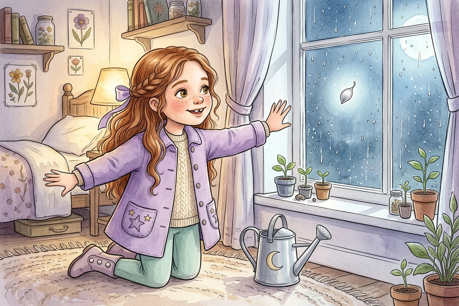 Emily in her lavender gardening coat at a rainy moonlit window as a single glowing silver seed floats outside.