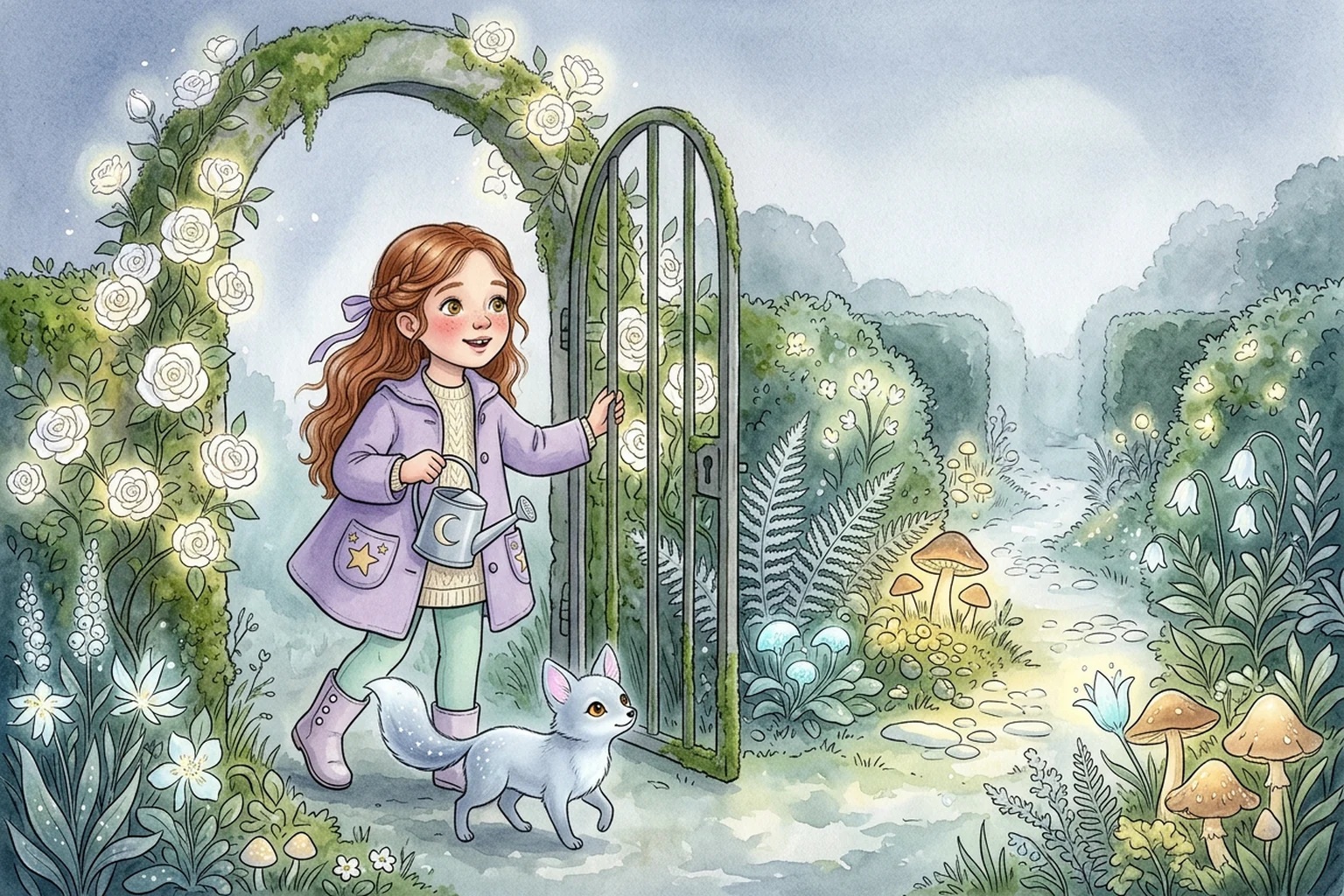 Emily stepping through a moss-covered gate wrapped in glowing white roses into a moonlit garden.