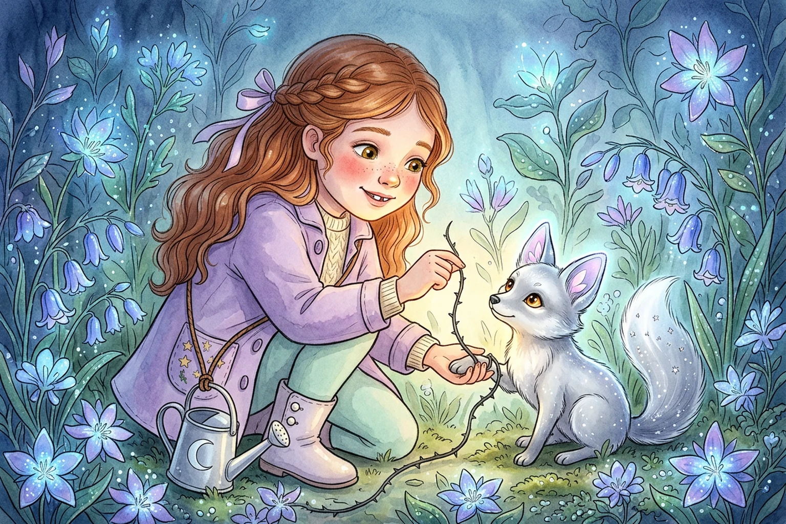 Emily cupping a glowing tiny silver moon-fox in her hands, freeing its paw from a thorny vine.