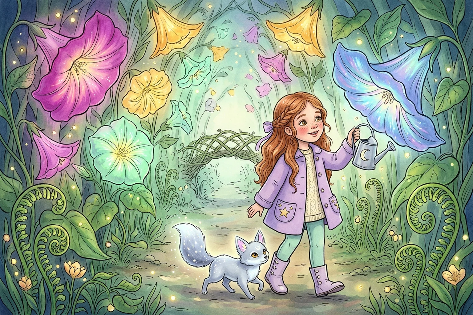 Emily and Lumen walking beneath towering glowing moonflowers that bow down to look at them.