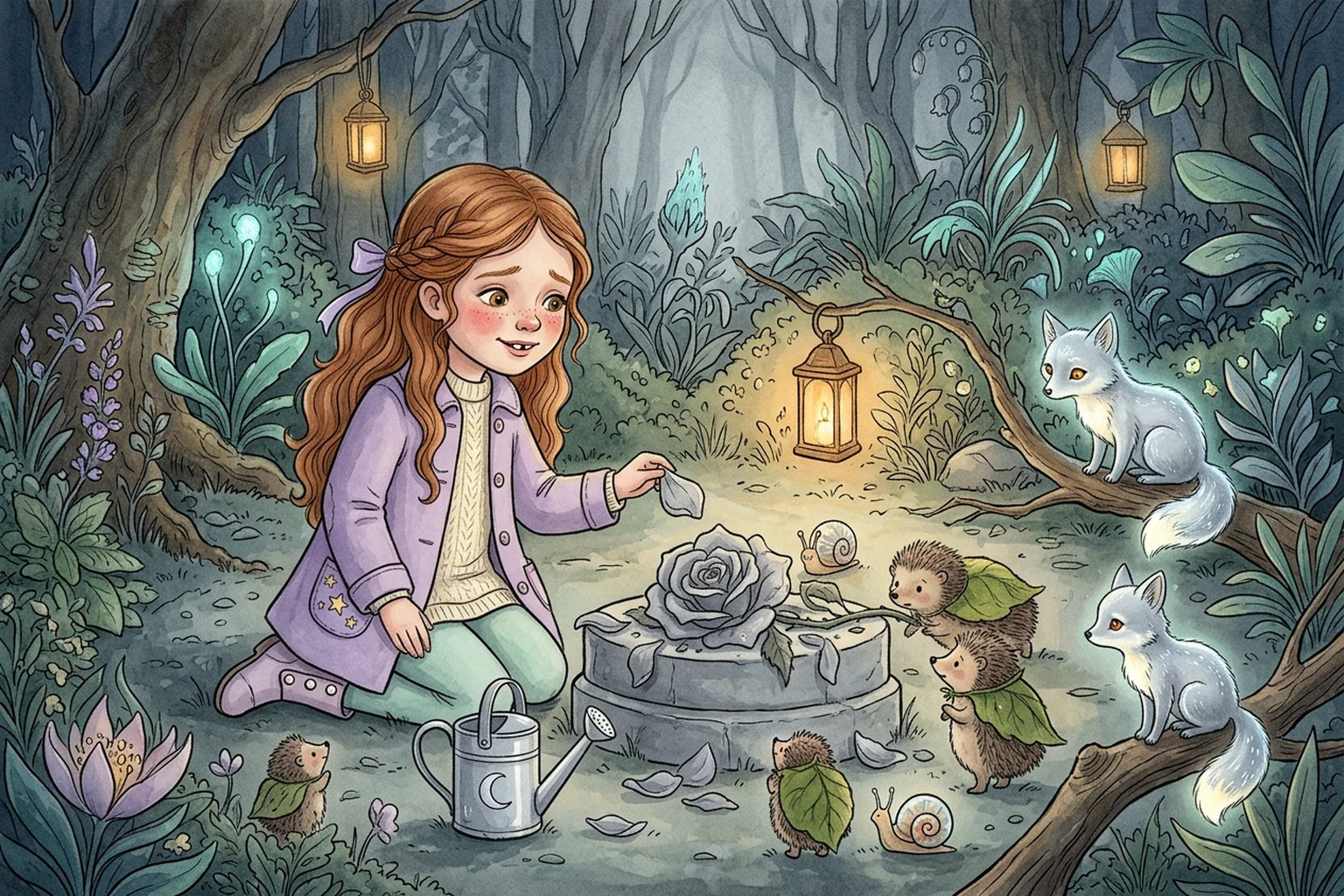 A wilted grey Great Moon Rose on a stone plinth with small woodland creatures gathered sadly around it.