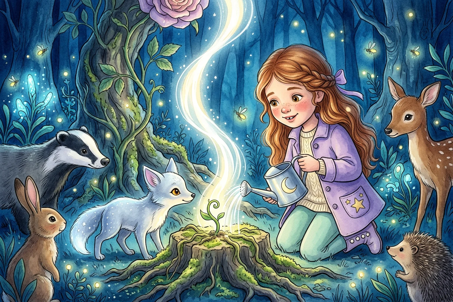 Emily pouring a shining ribbon of moonlight onto the roots of the Great Moon Rose as a first green shoot appears.