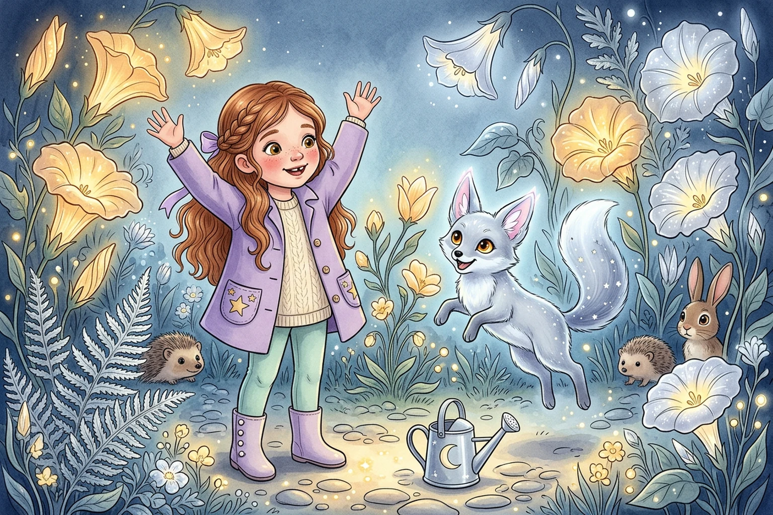 Emily and woodland creatures working together mending stems and carrying lanterns among glowing seedlings.