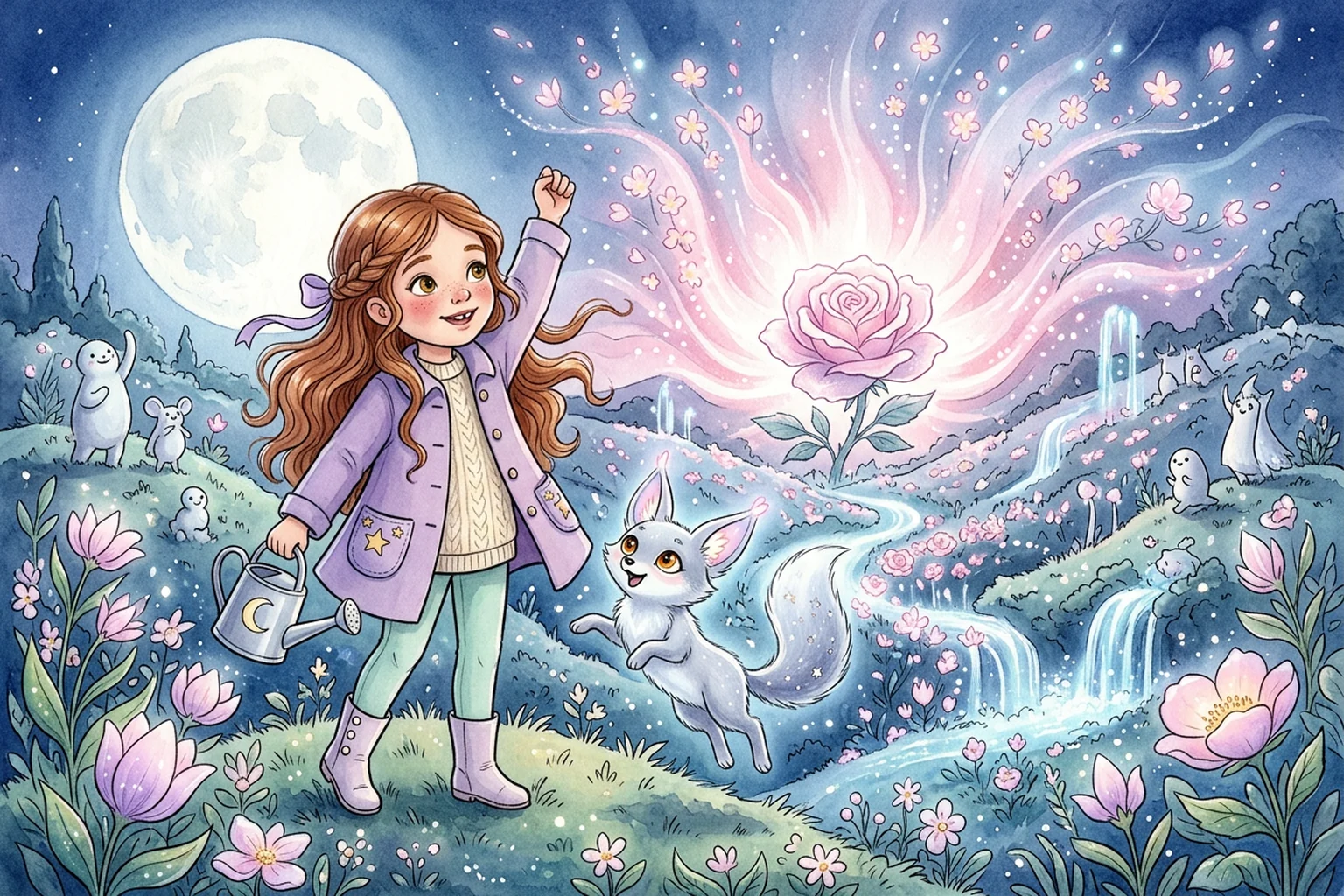 The Great Moon Rose bursting into silver-pink light as glowing blooms ignite in a wave across the whole garden.