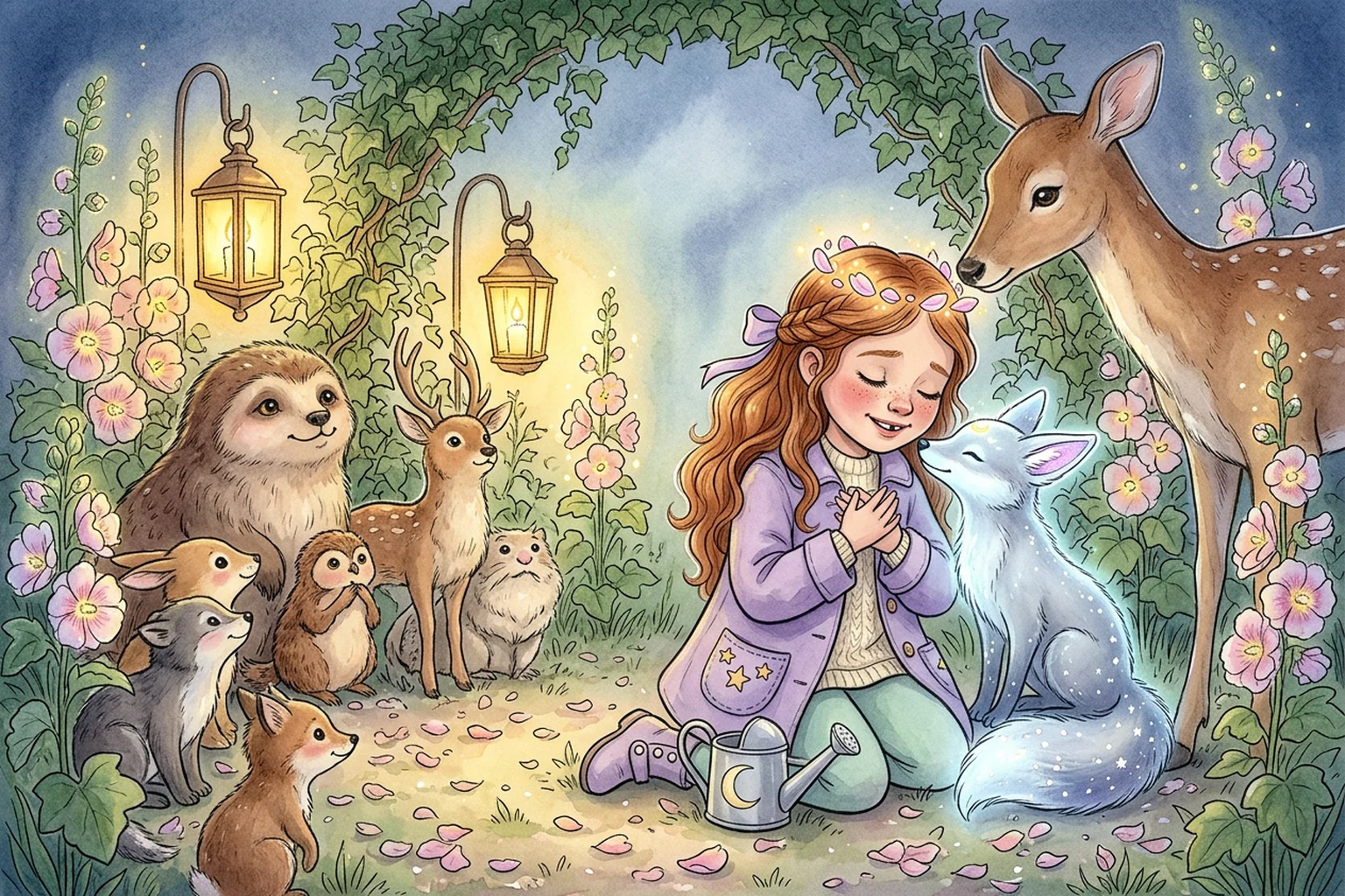 Woodland creatures crowning Emily with glowing petals while Lumen nuzzles her cheek.