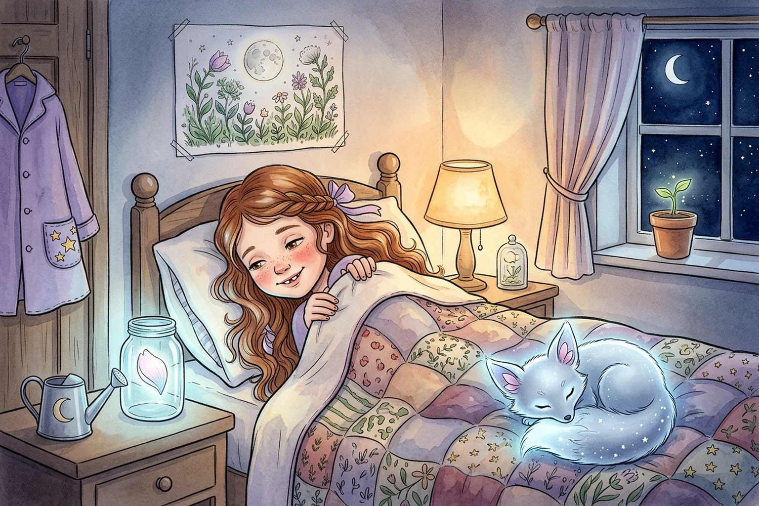 Emily tucked in bed with a glowing petal in a glass jar and Lumen asleep on her quilt.