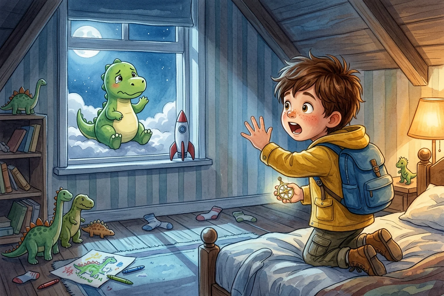 Noah in his yellow explorer jacket peeking through his moonlit window at a small green dinosaur sitting on a cloud.
