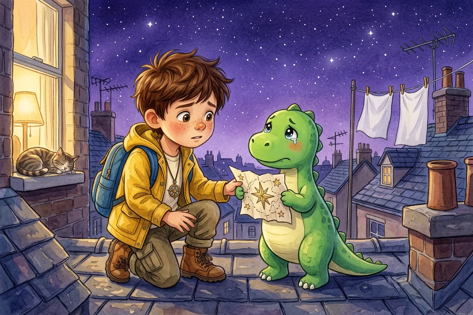 Rufus the dinosaur holding a crumpled star map while Noah listens closely, backpack already on.