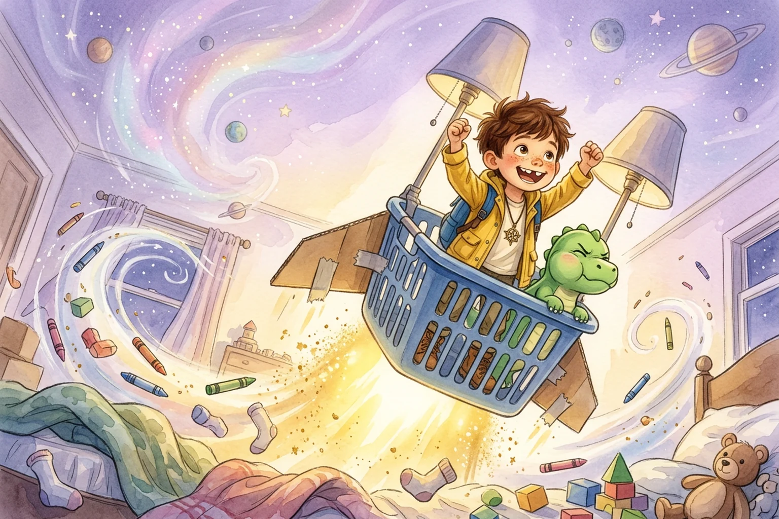 A laundry-basket rocket lifting off through a bedroom ceiling of swirling pastel stars.