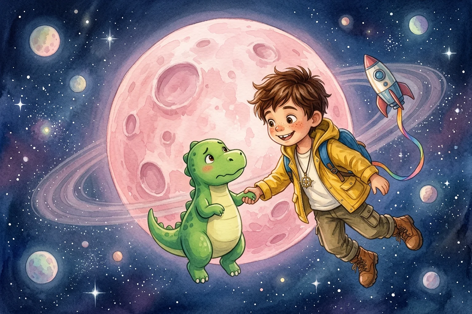 Noah and Rufus floating hand in paw beside a glowing pink humming moon.