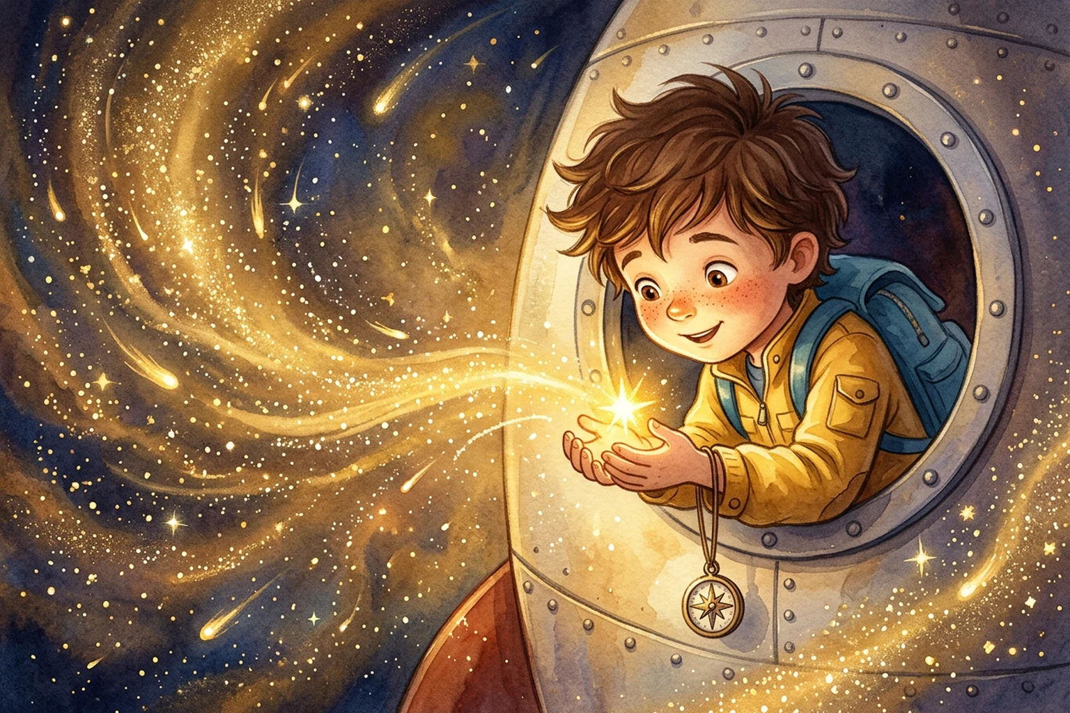 A cascade of golden stardust with Noah catching one glowing spark in his cupped hands.