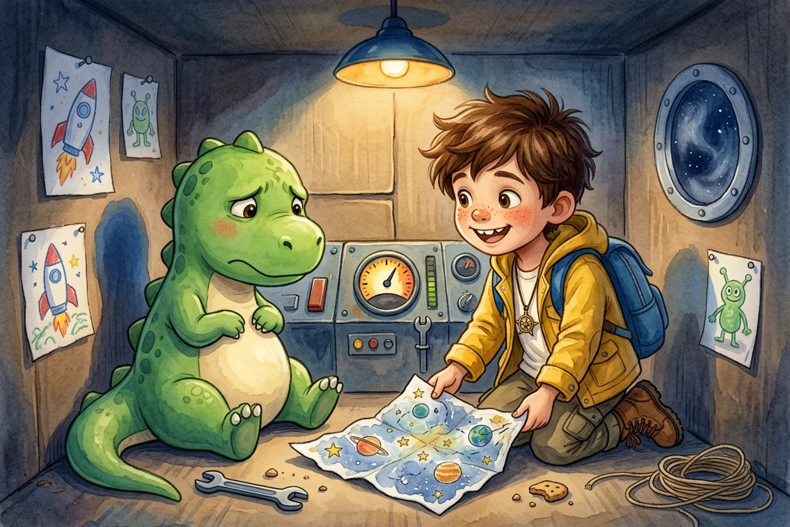 A dim rocket cockpit with a drooping dinosaur tail and Noah turning the star map right way up.