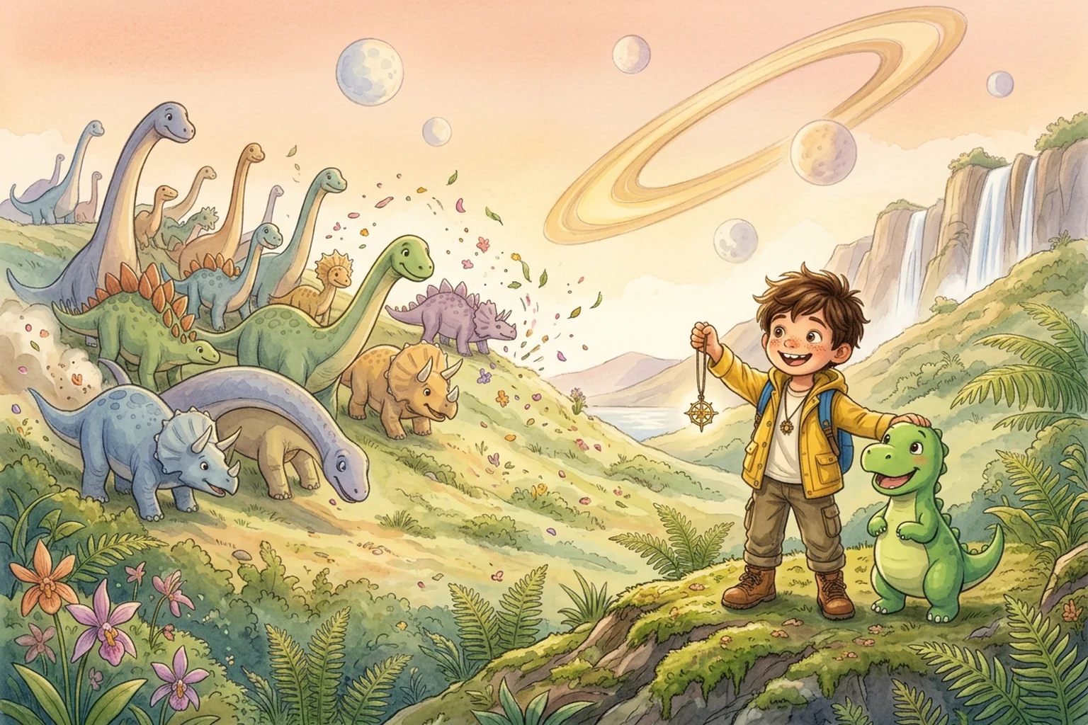 A herd of friendly pastel dinosaurs greeting Noah, who stands tall with Rufus beside him.