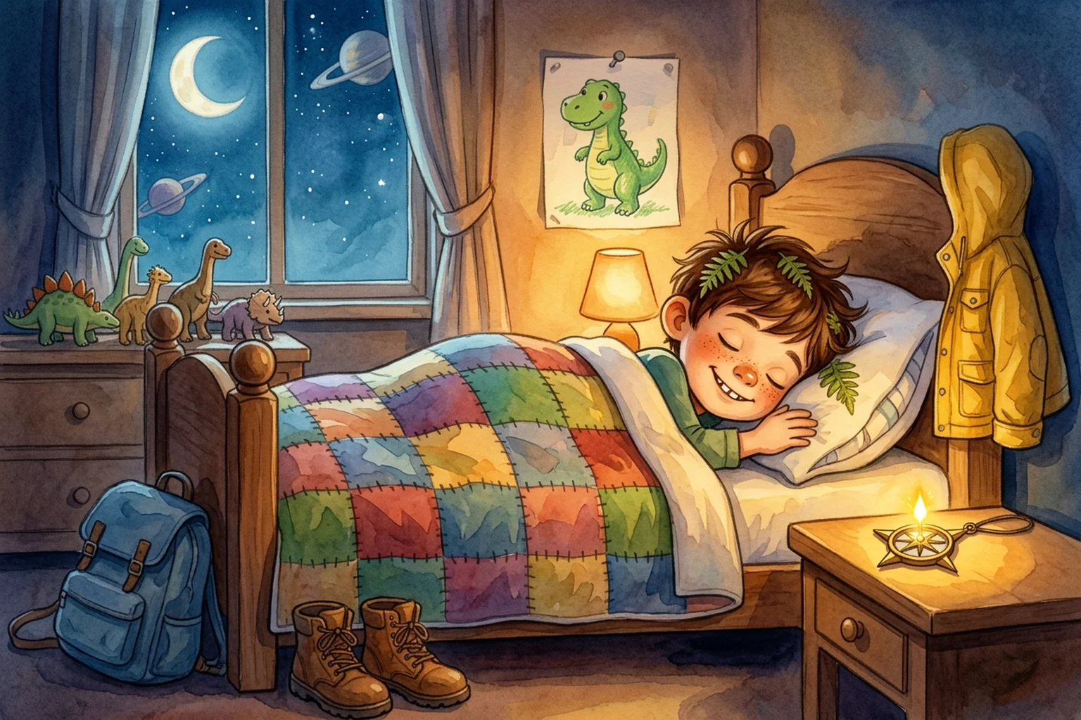 Noah tucked in bed at night, a single golden spark glowing on his bedside table.