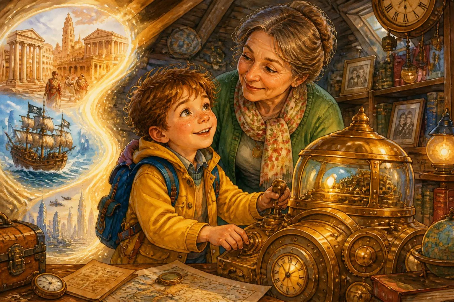Cover illustration for Noah and Nonna Marina's Secret Time Machine