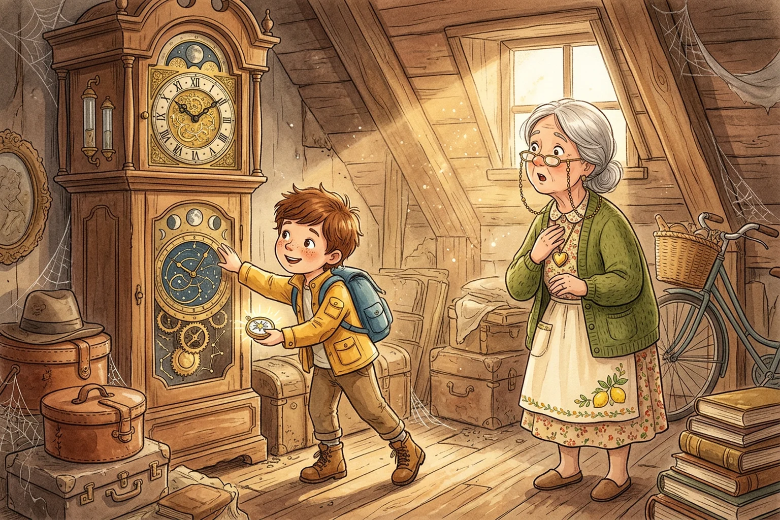 Noah and Nonna Marina discovering an enormous brass-geared grandfather clock in a dusty attic.
