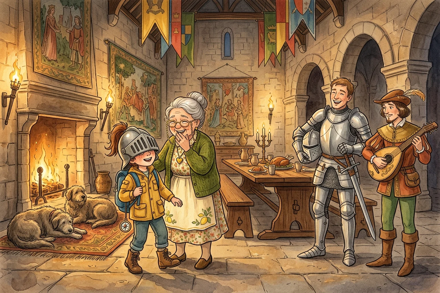 Noah in an oversized knight's helmet in a torch-lit medieval great hall while Nonna Marina laughs.
