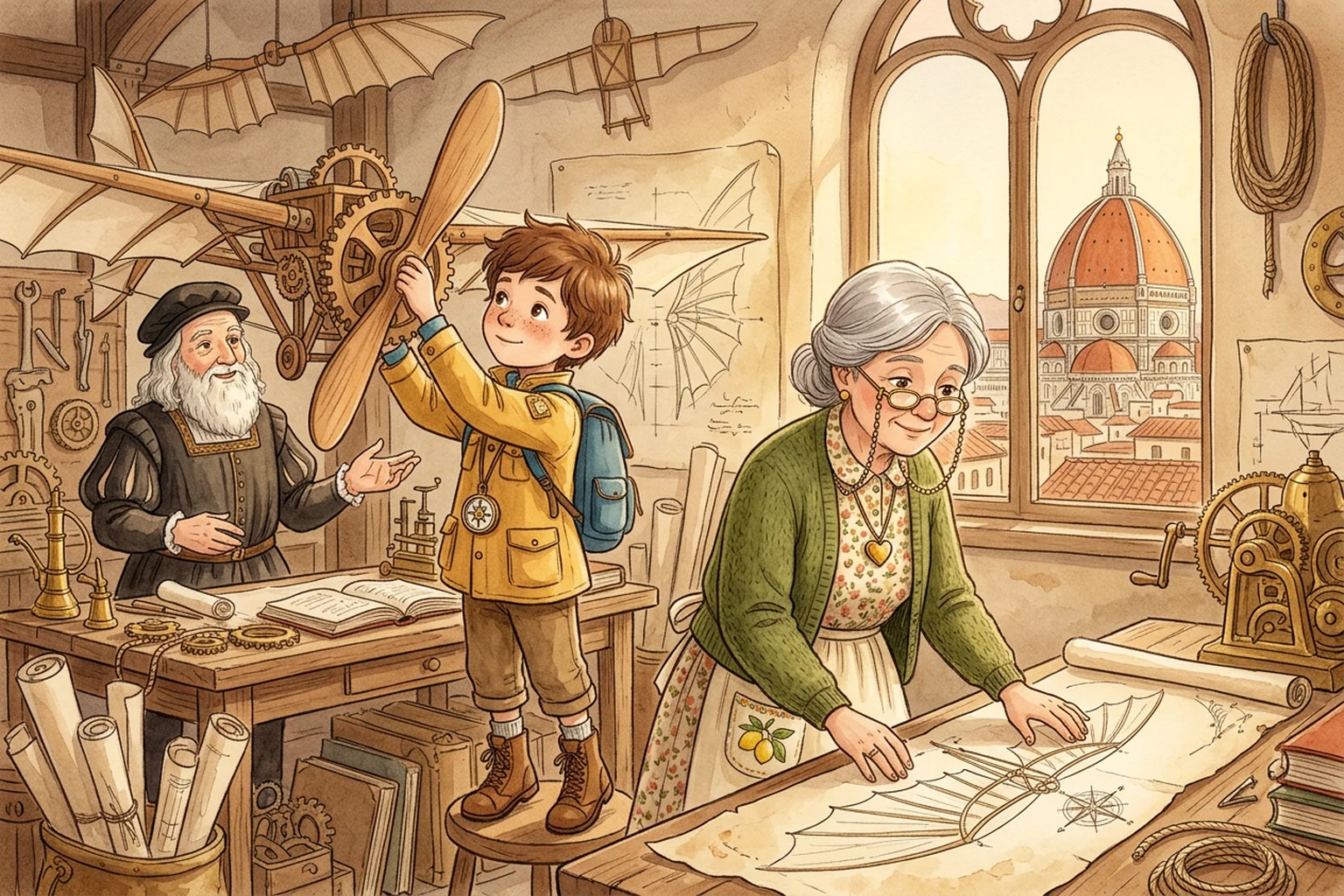 Noah and Nonna Marina in a Renaissance workshop of flying-machine sketches and wooden wings.