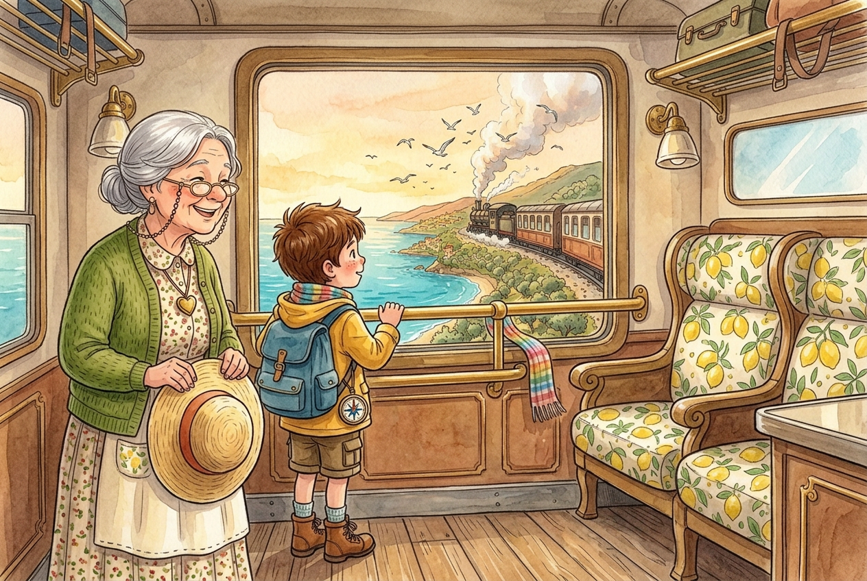 Inside a 1920s steam train carriage: Noah stands safely on the carriage floor beside Nonna Marina, watching an Italian coastline through the window.
