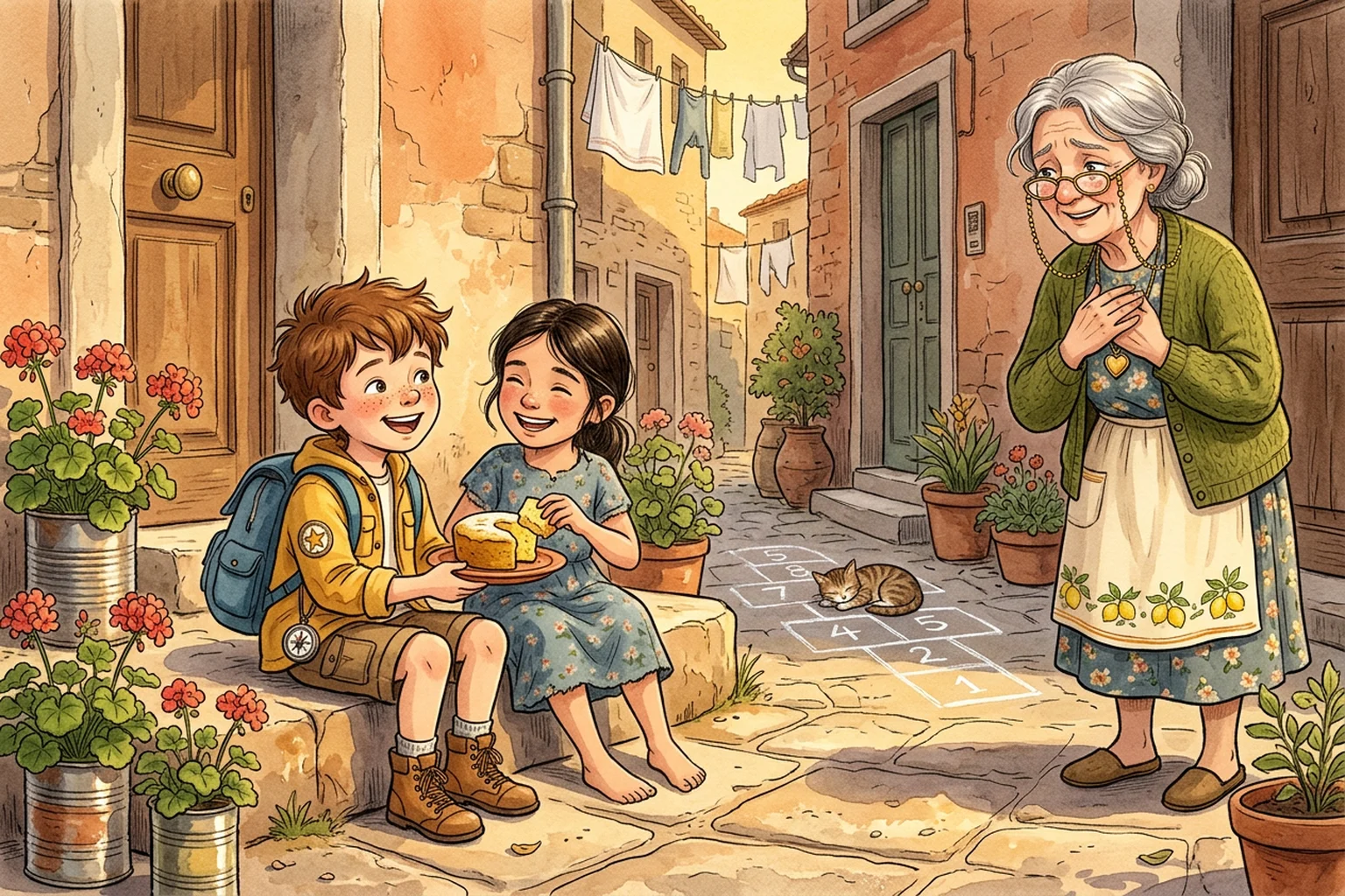 Noah sharing lemon cake with the 1950s girl on a stone step while Nonna Marina watches, teary.