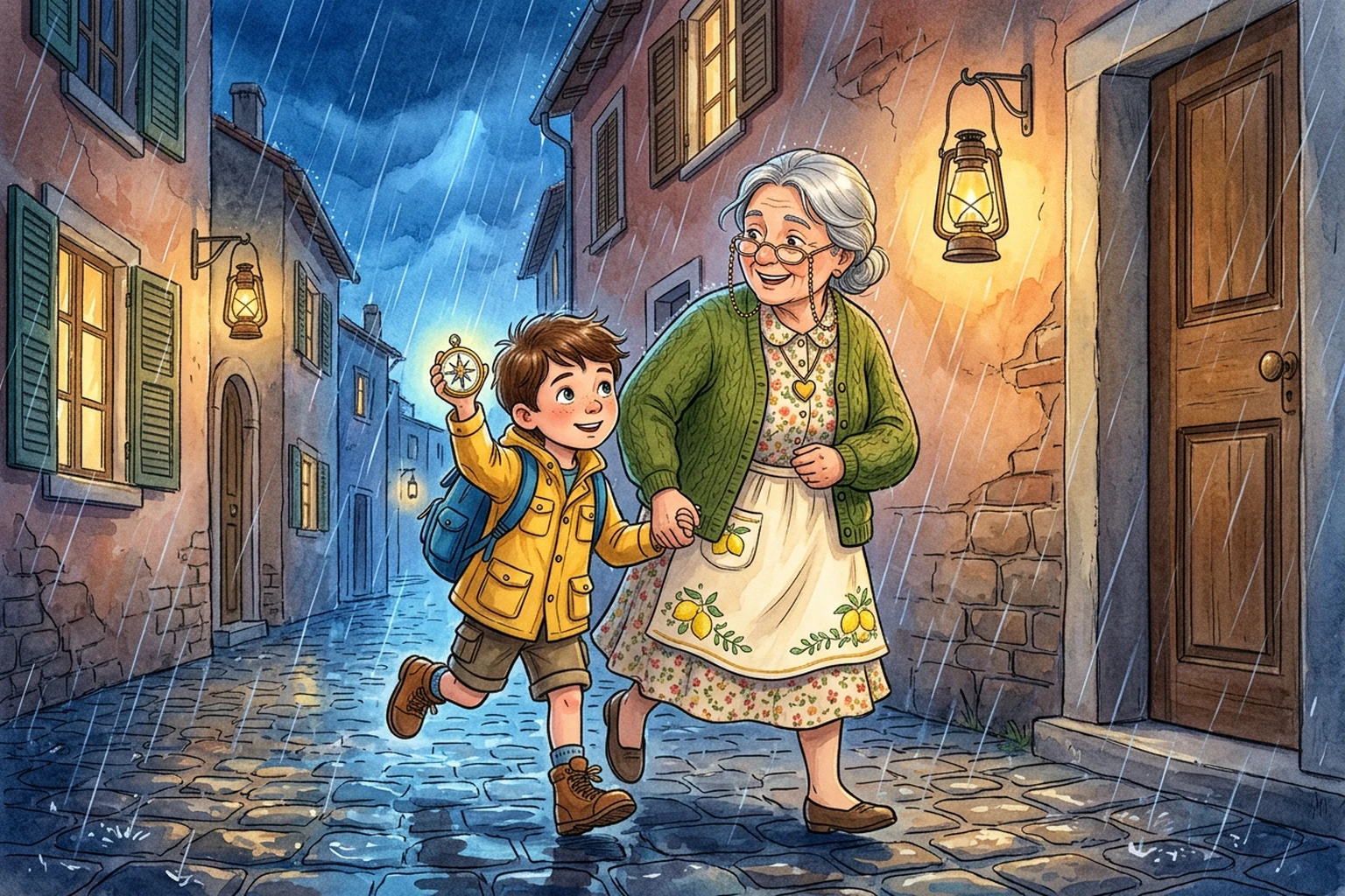 Noah holding his glowing compass high in a thunderstorm as Nonna Marina shelters him and they run.