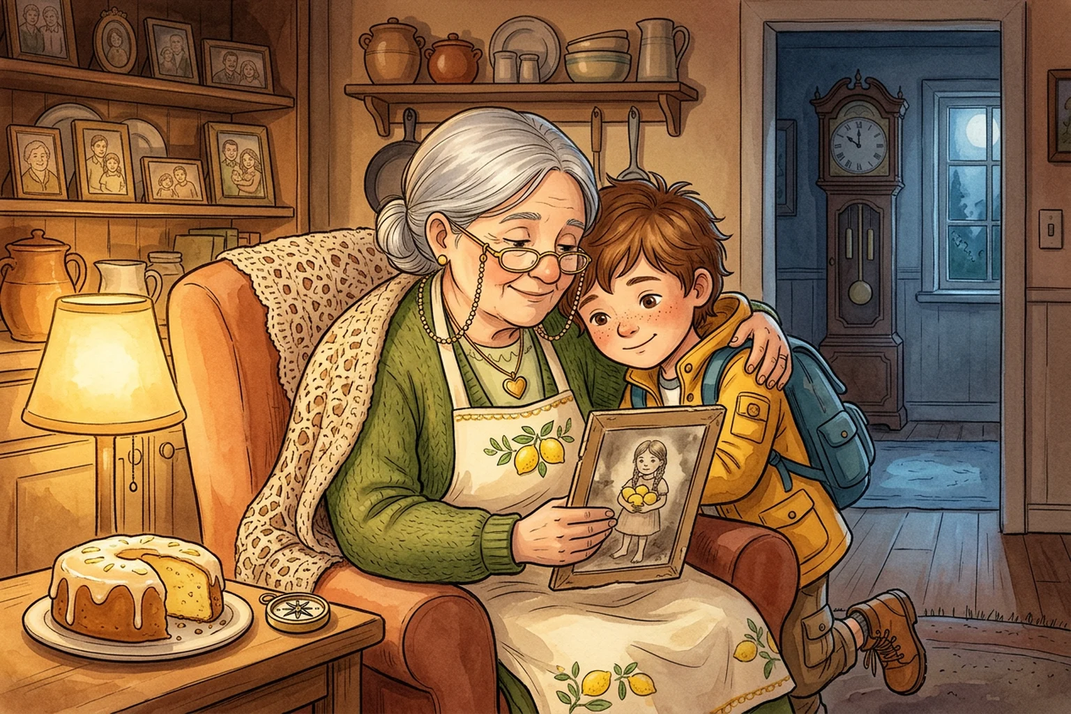 Nonna Marina hugging Noah in her armchair at night while looking at an old photograph of a girl with lemons.